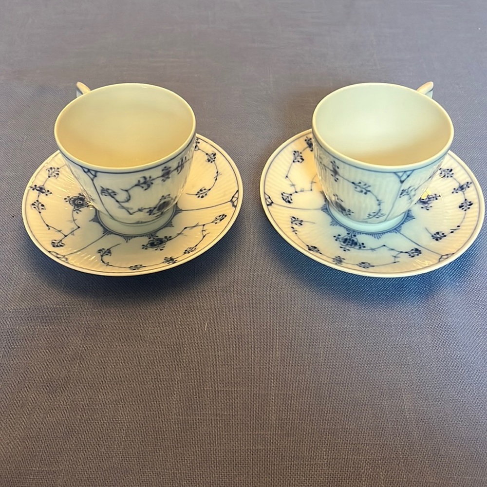 Royal Copenhagen Blue Fluted Plain Teacups and Saucers—Lot 4